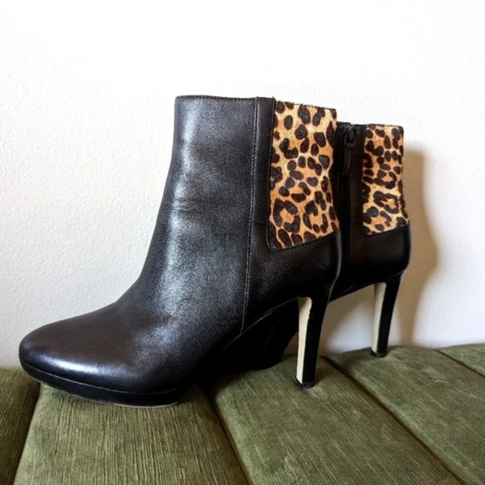 Tahari Serena Genuine Black Leather Calf Hair Leopard Print Fur Booties